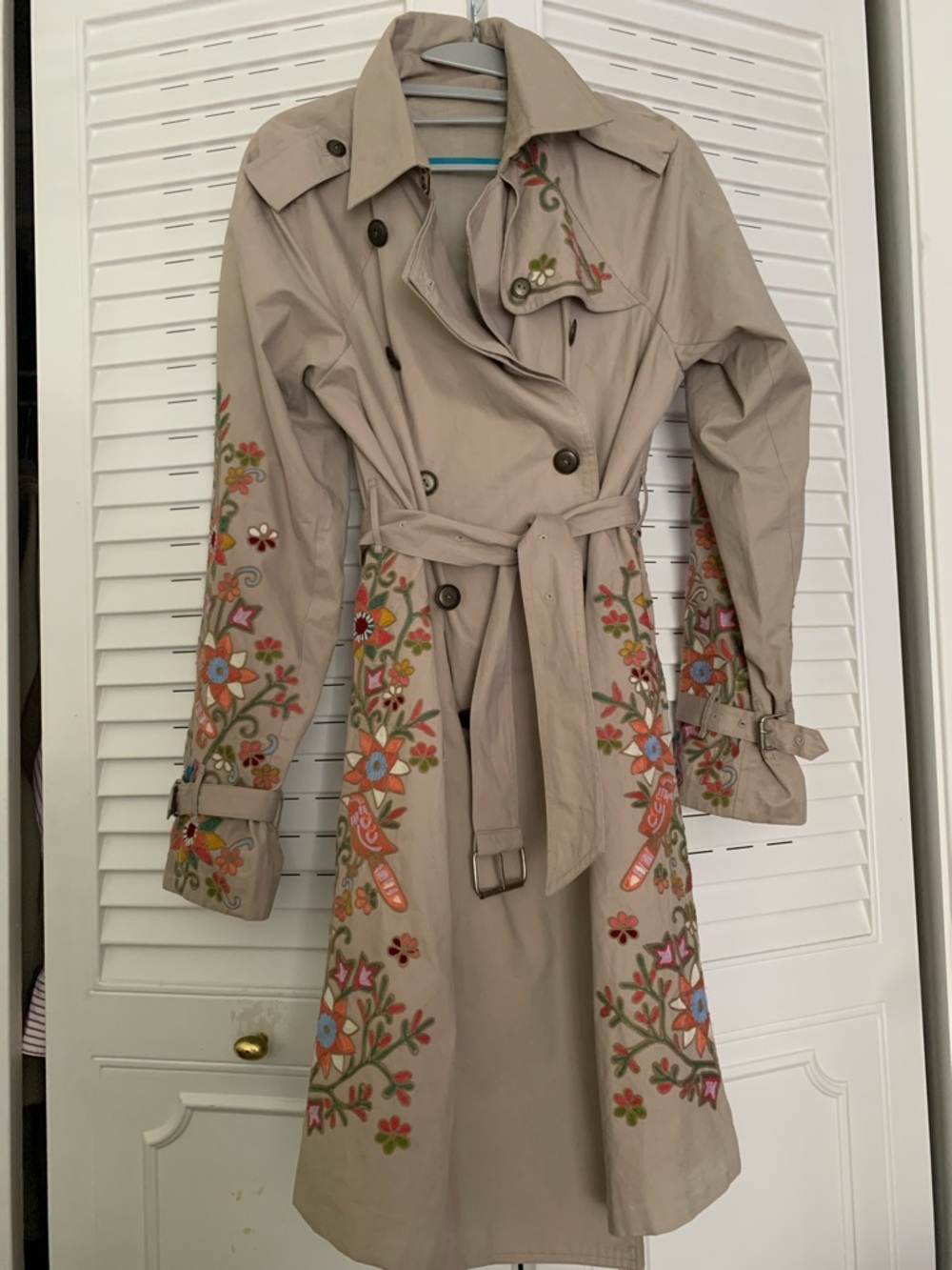 Calypso St. Barth Embroidered Beige Trench Coat with Floral Detail